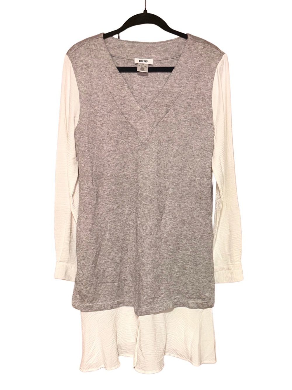 DKNY Gray and White Layered V-Neck Dress